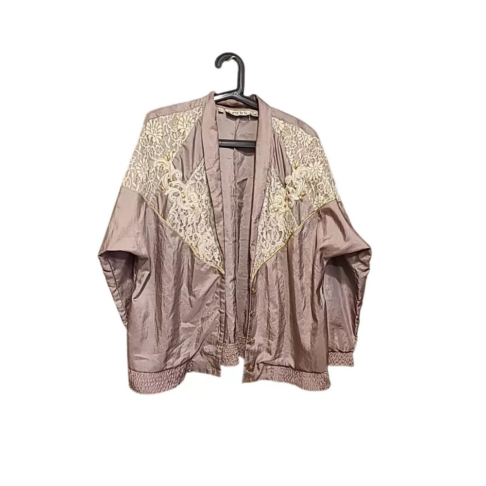 Teddi Vintage Size L Vintage Bomber Top Long Sleeve Button Up Vtg Lace Detail